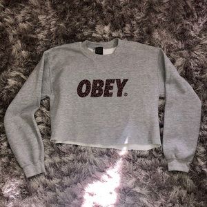 Cropped Leopard Obey Crewneck Hoodie Sweatshirt